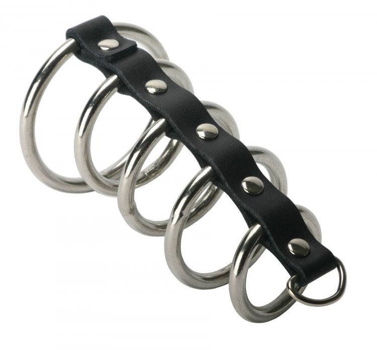 Male Enhancer 5 Gates of Hell Leather Metal Rings Chastity Device