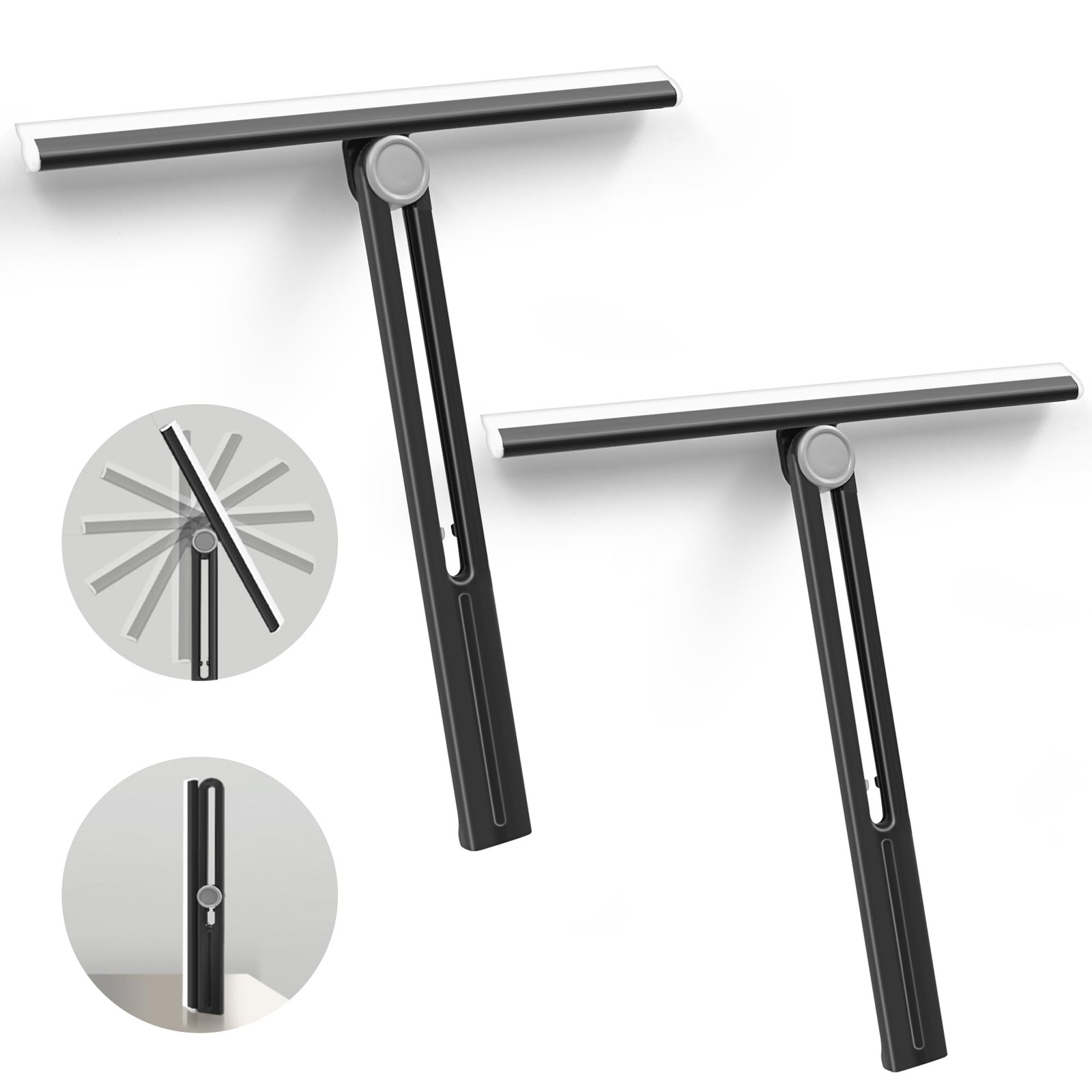 NEWE Shower Squeegee 2 Packs for Glass Doors, All-Purpose 360° Rotating Black