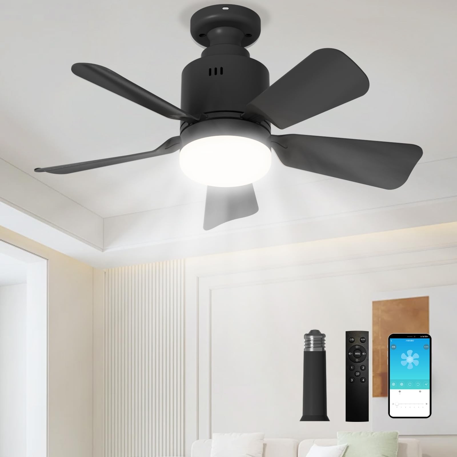 Socket Fan Light with Remote App 3 Colors LED 17.7'' Socket Breeze