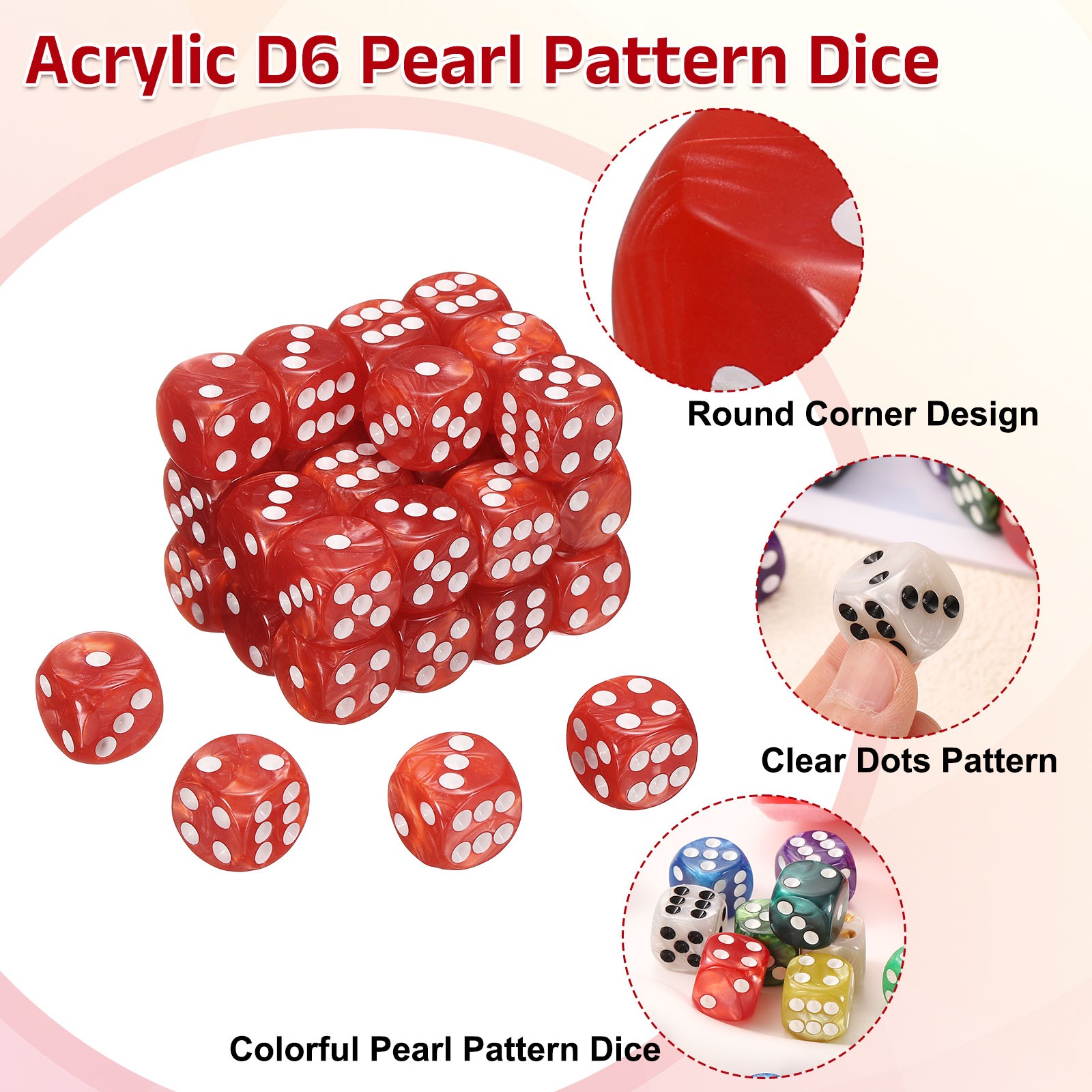 36Pcs 6 Sided Colored Standard Dice, Acrylic D6 Pearl Pattern Dice, Red
