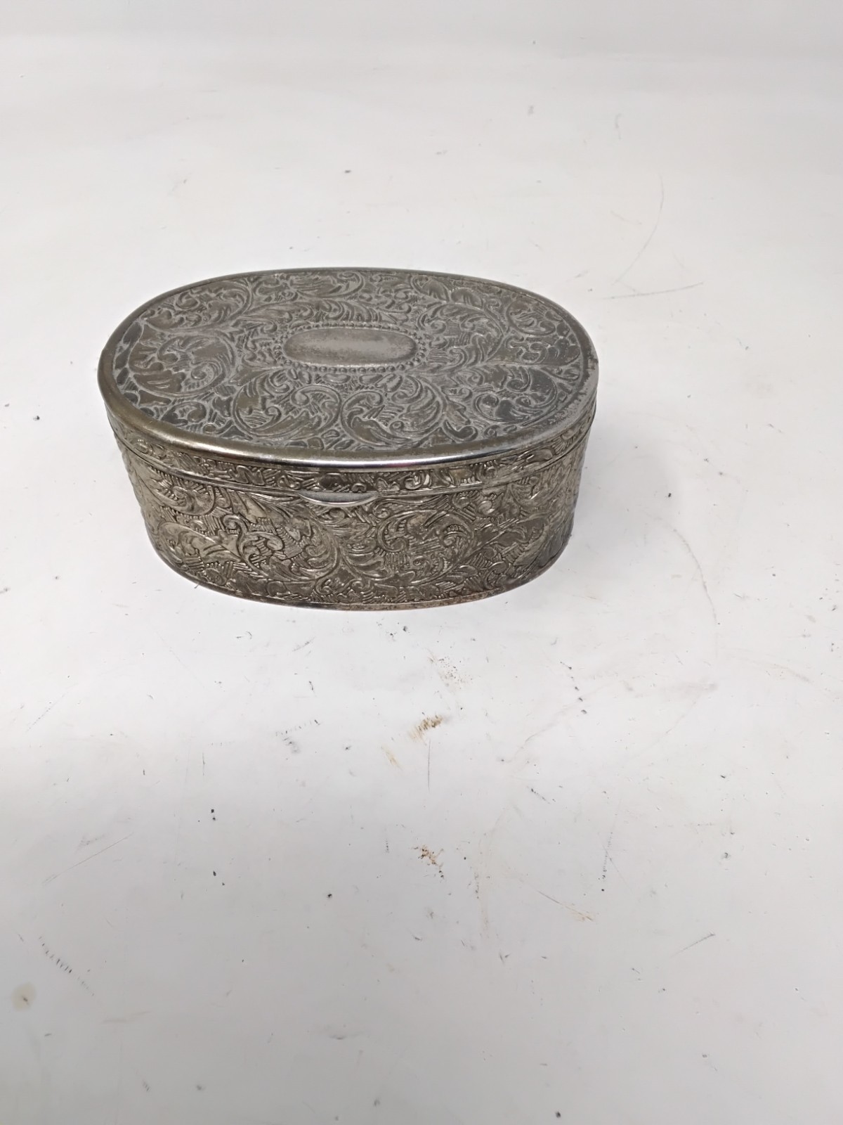 Vintage Silver Plated Oval Trinket Box Jewellery Box Red Satin Lined