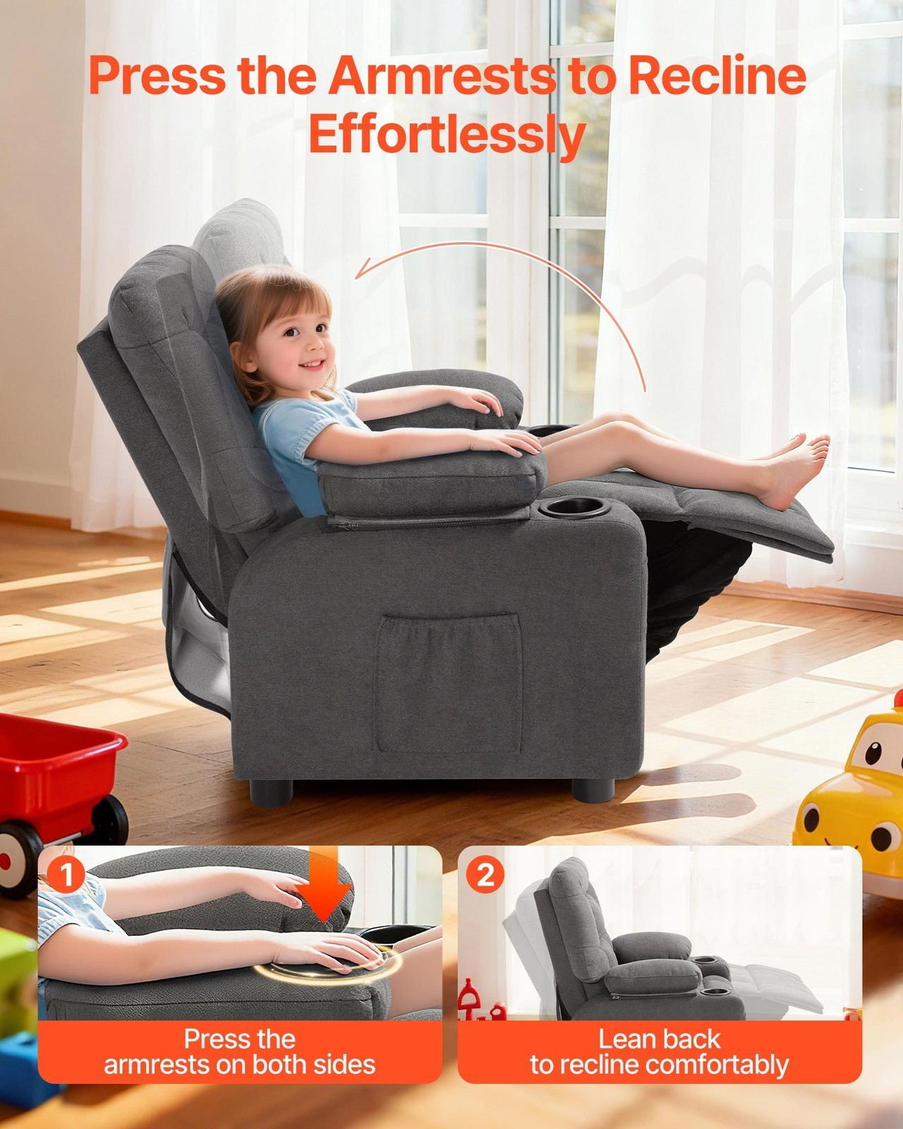 Toddler Recliner with Footrest, Polyester Upholstery, 110lb Capacity, Gray