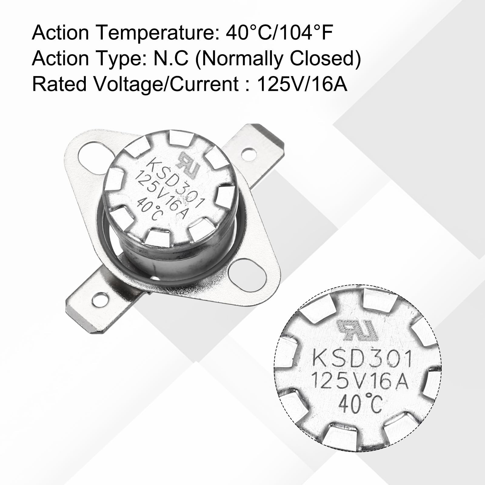 2 Pack KSD301 Temperature Switch 40C 104F 16A NC Snap Disc Thermostat Oven Micro