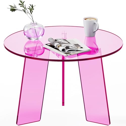 Acrylic Coffee Table Round, Clear Circle Modern Lucite Side 23.6“ × 15.7” Pink