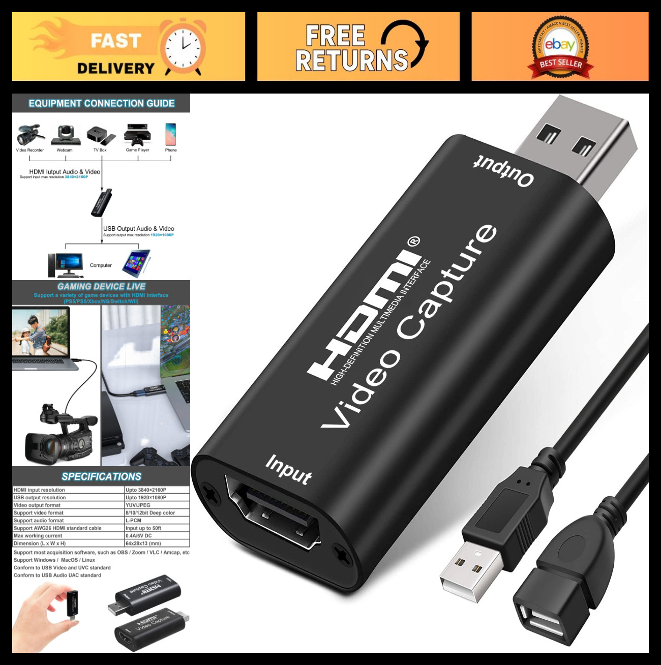 4K HDMI to USB Video Capture Card - 1080P Game Streaming & Recording Adapter