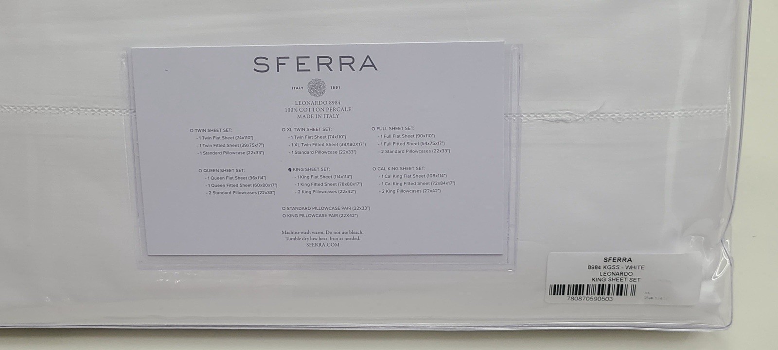 Sferra Leonardo King Sheet Set White Cotton Percale