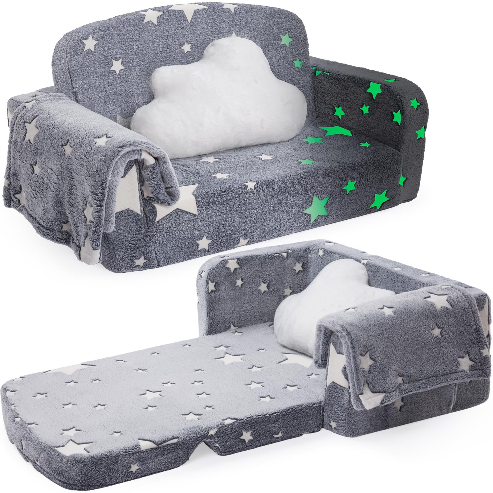 Foryoomi Extra Wide Kids Couch, 2-in-1 Soft Couch with Blanket, Glow in The D...