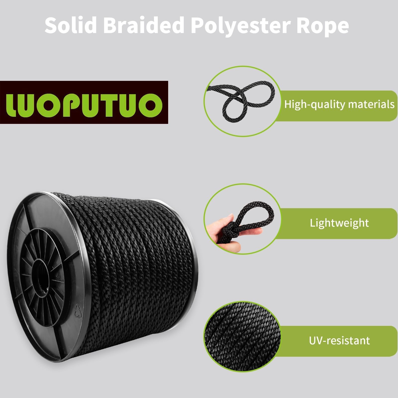 3/8 Inch × 200 FT Black Polyester Solid Braid Rope – UV & Abrasion Re