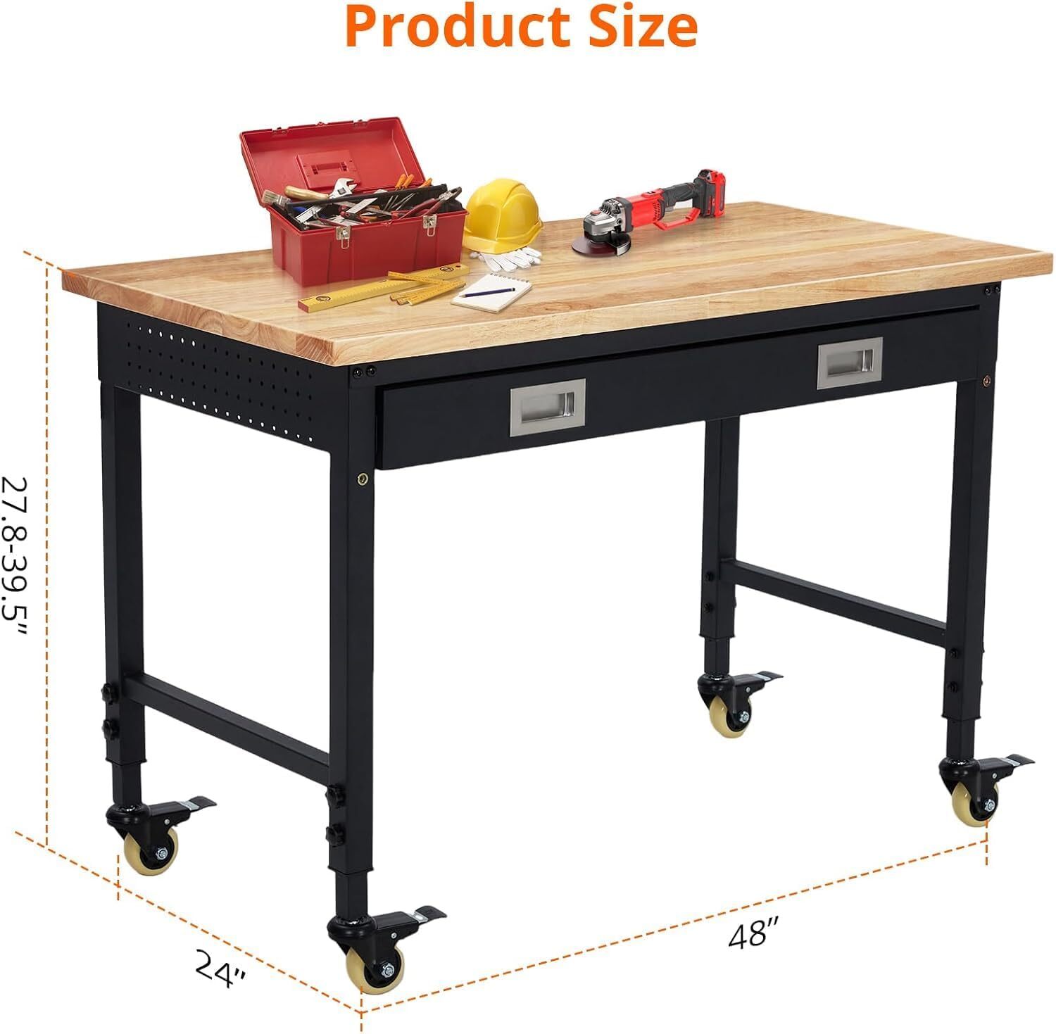 Adjustable Height Workbench 48" x 24", Solid Rubber Wood Top, Sturdy Metal Frame