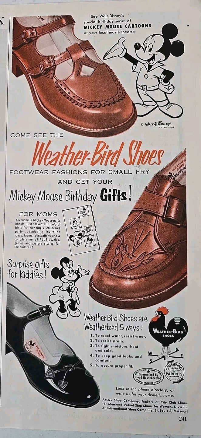1953 Weather-bird shoes for boys girls Mickey Minnie mouse cartoon vintage  ad
