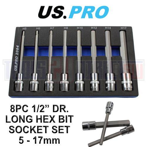 US PRO 8pc 1/2Dr  140mm Long Hex Bits Sockets Key Set Allen 5 - 17mm 2084