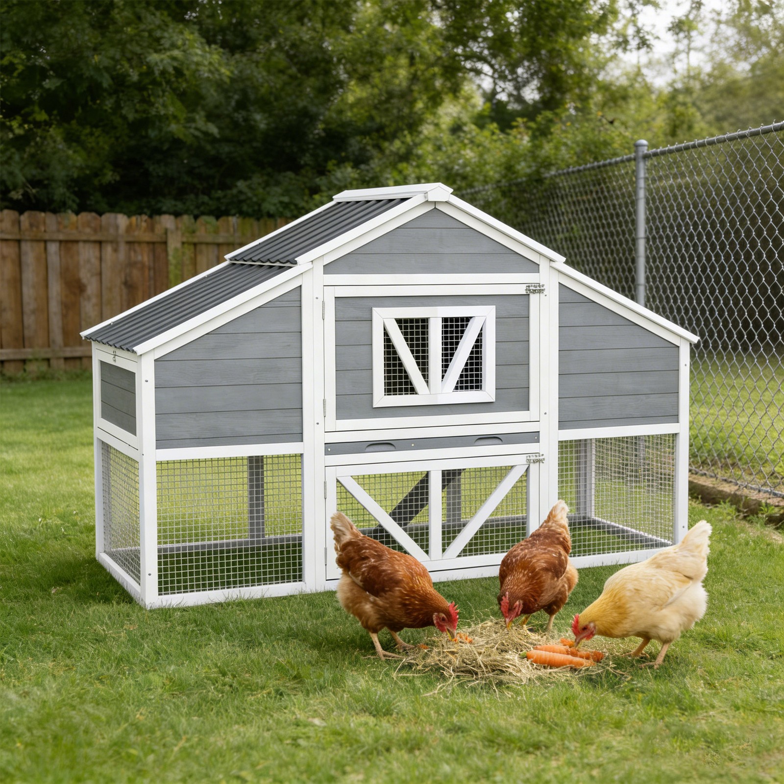Backyard 2-Tier Wooden Chicken Coop with 4 Nesting Boxes for 6 Hens, Gray