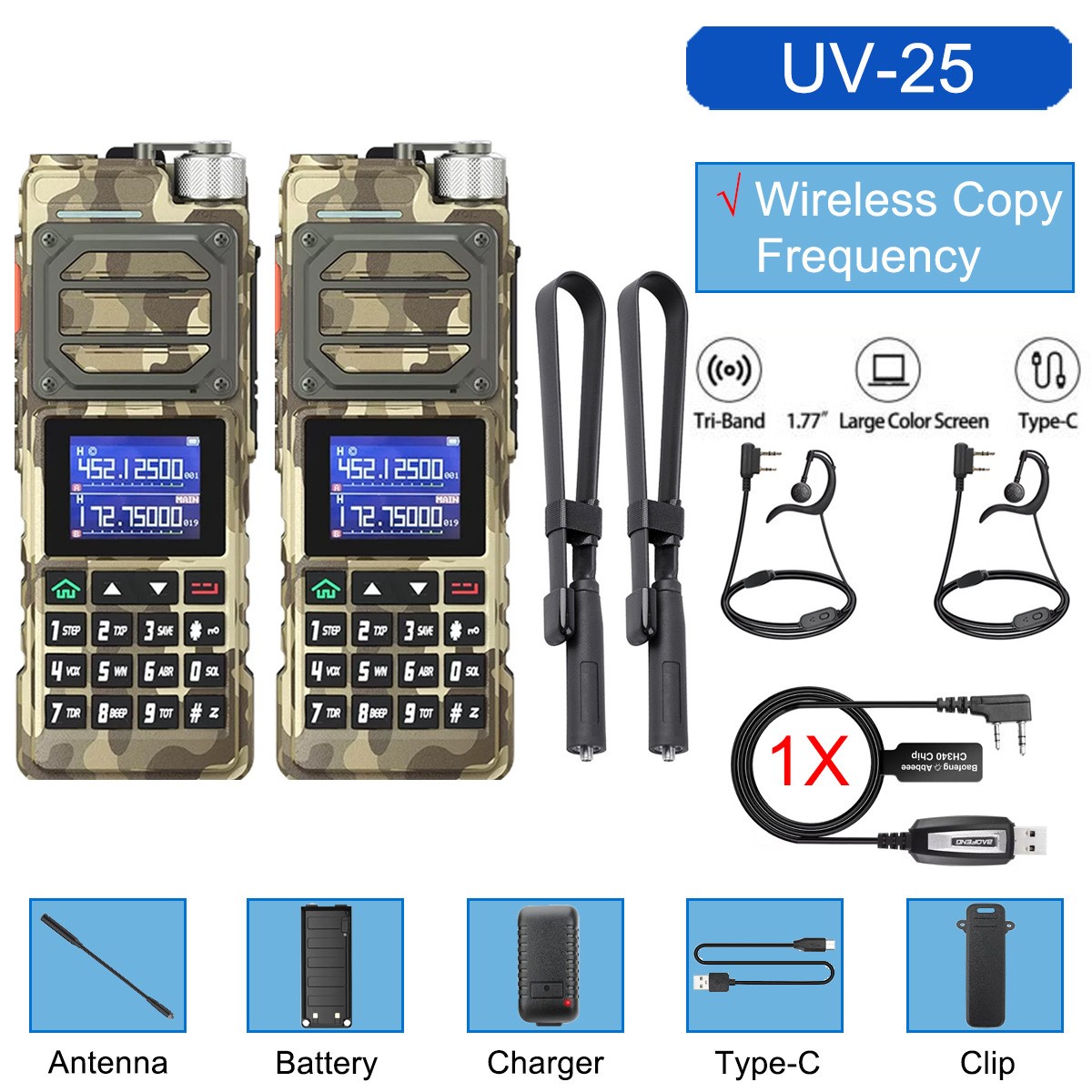 2PACK BAOFENG UV25 WALKIE TALKIE LONG RANGE TRI-POWER TWO WAY HAM RADIO VOX KIT