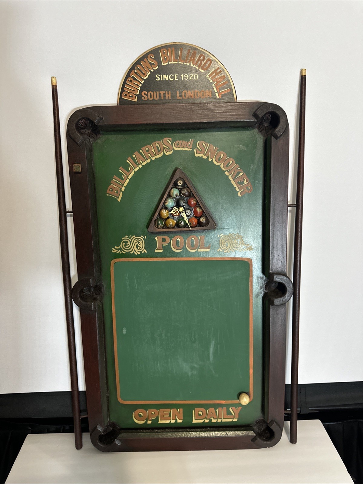 Burton's Billiard Hall  Wooden Pool Sign  Vintage with working Clock