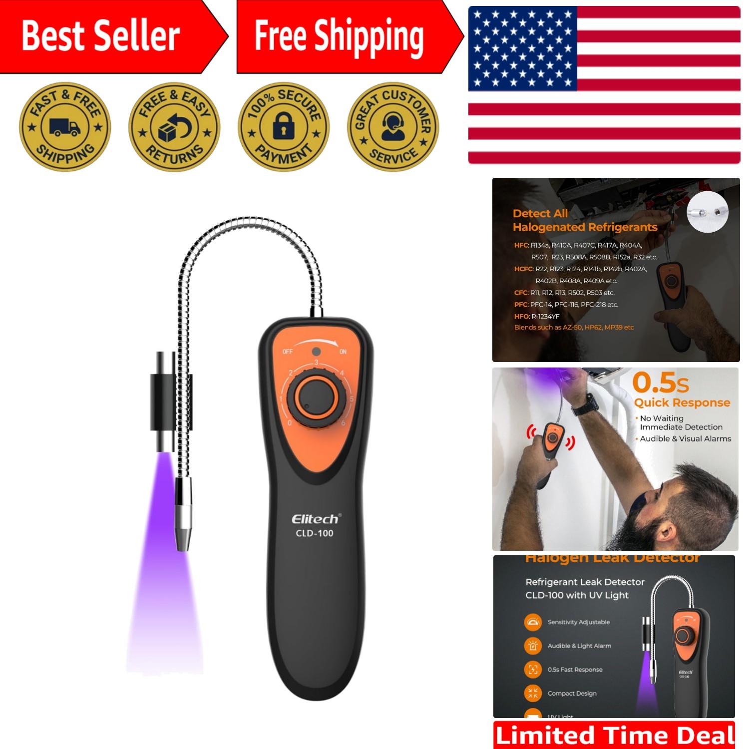 Industrial Orange Refrigerant Leak Detector with Flexible Probe for Efficiency