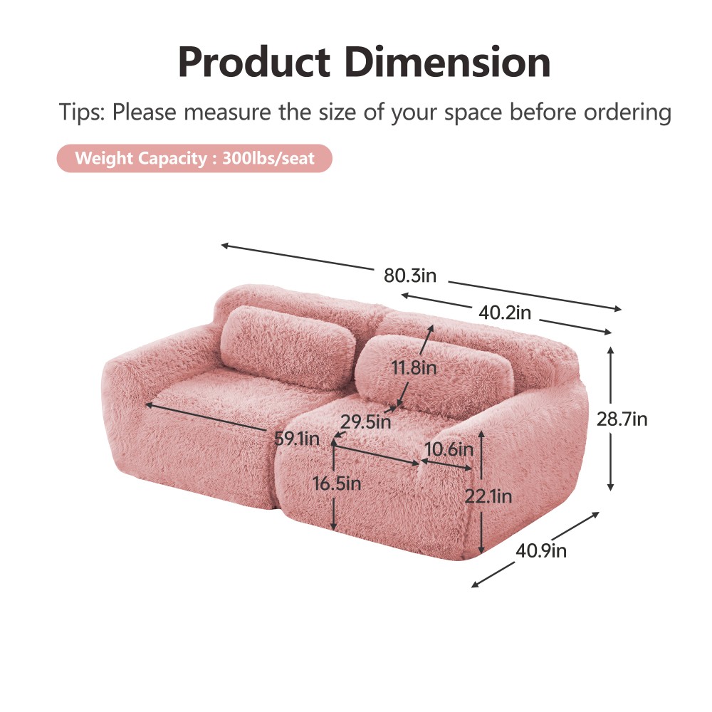 2-seater Sectional Couches Soft Fluffy Plush Fabric Bottom Anti-Slip Design Pink