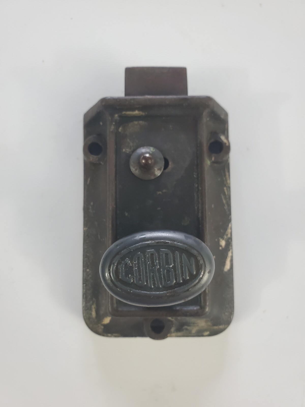 VINTAGE ANTIQUE CORBIN DOOR LATCH LOCK, OVAL TURN KNOB, BLACK