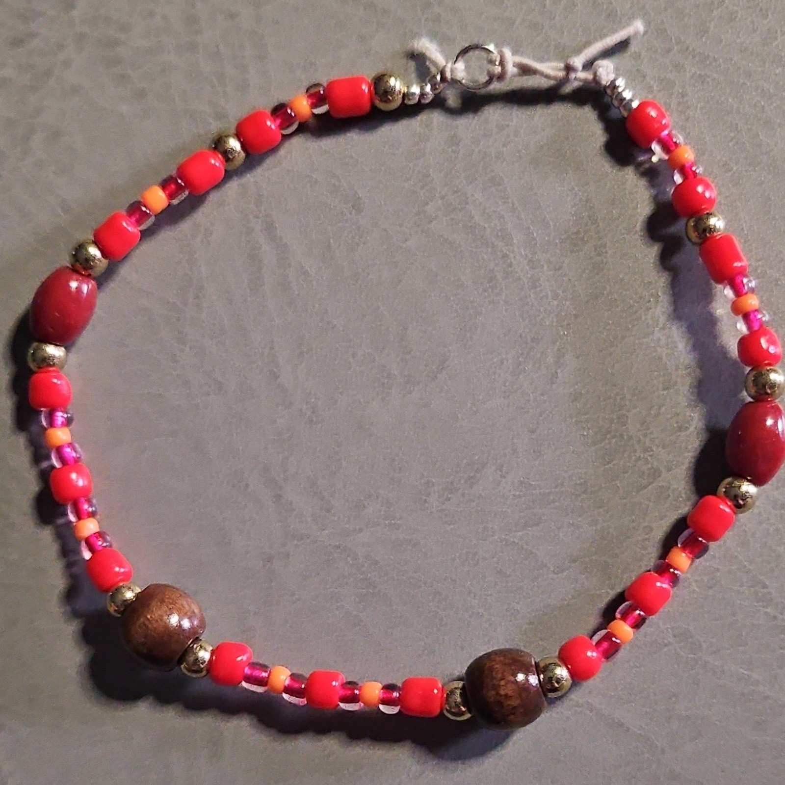 Beaded Bohemian Bracelet Adjustable Cord Lobster Closure Red Brown Gold Round