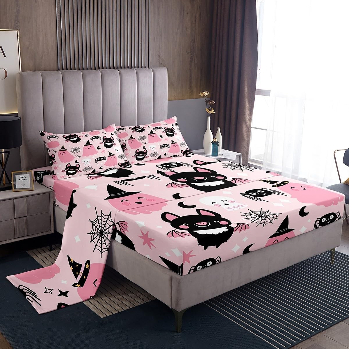 Pink Halloween Bat Full Size Bedding Set Decoration Cute Ghost Sheets Set for...