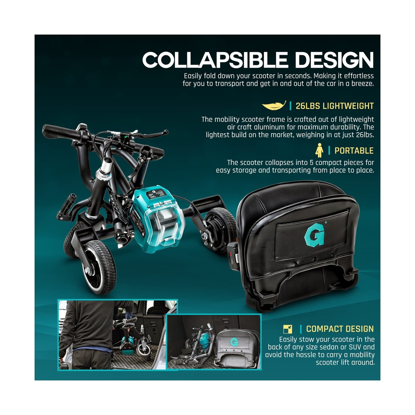 G 3 Wheel Folding Mobility Scooter Basic - Electric Powered, Airline Friendly...
