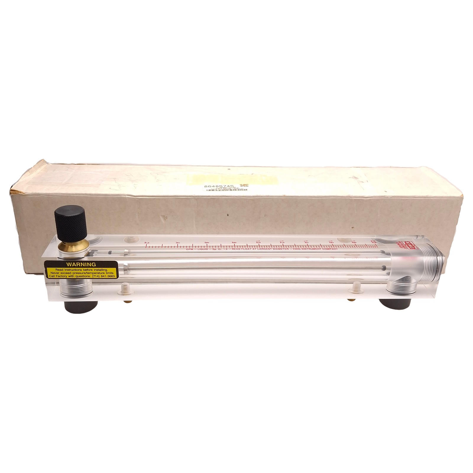 King 75302117C-02 Acrylic Tube Flowmeter, 0.2-2.0gpm, 150psig Water, 1/2in NPT