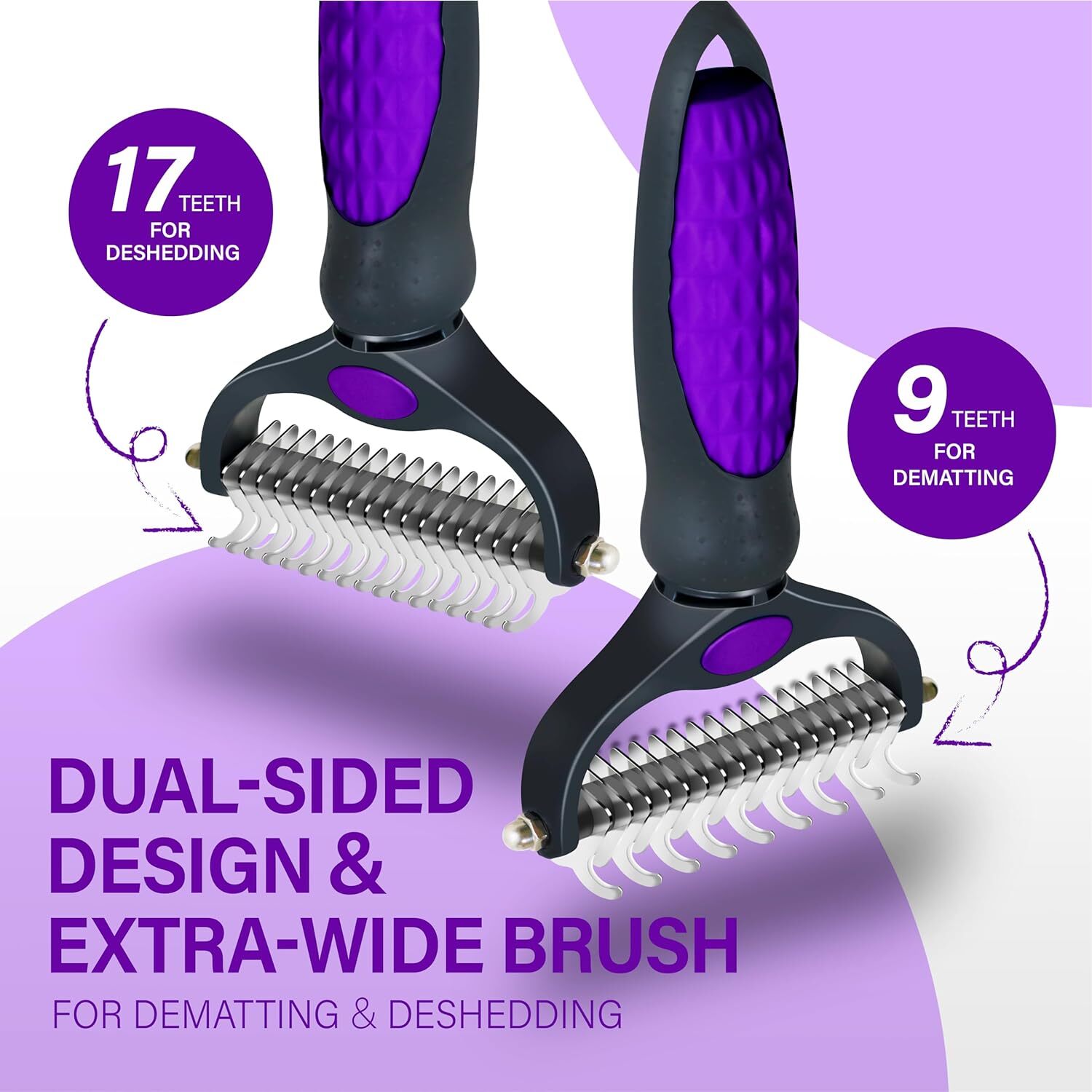 Professional Pet Grooming Brush: Purple, Extra Wide Double-Sided Teeth