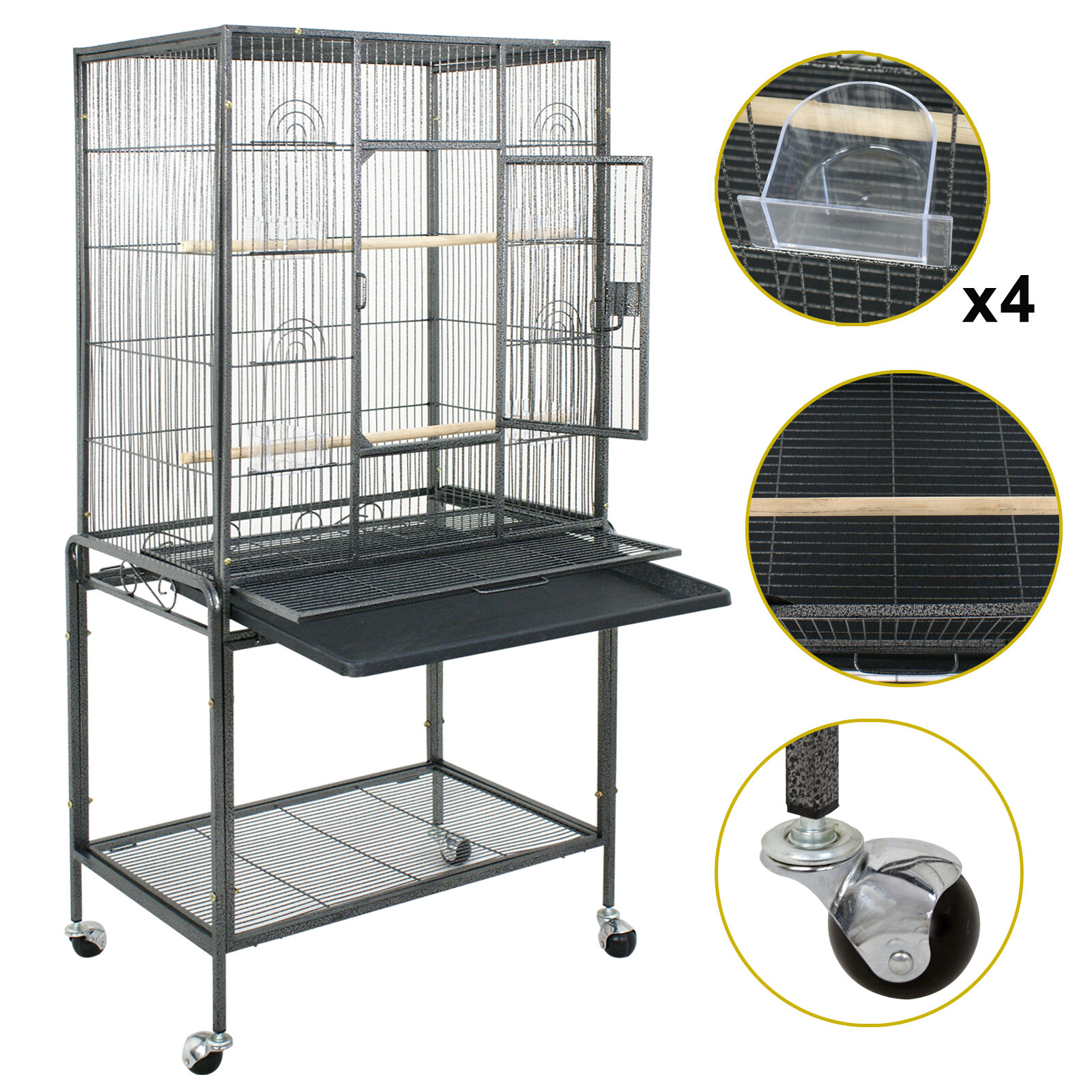 53 Inch Flight Bird Cage Large Parrot Cage Metal Wheels with Rolling Stand Black