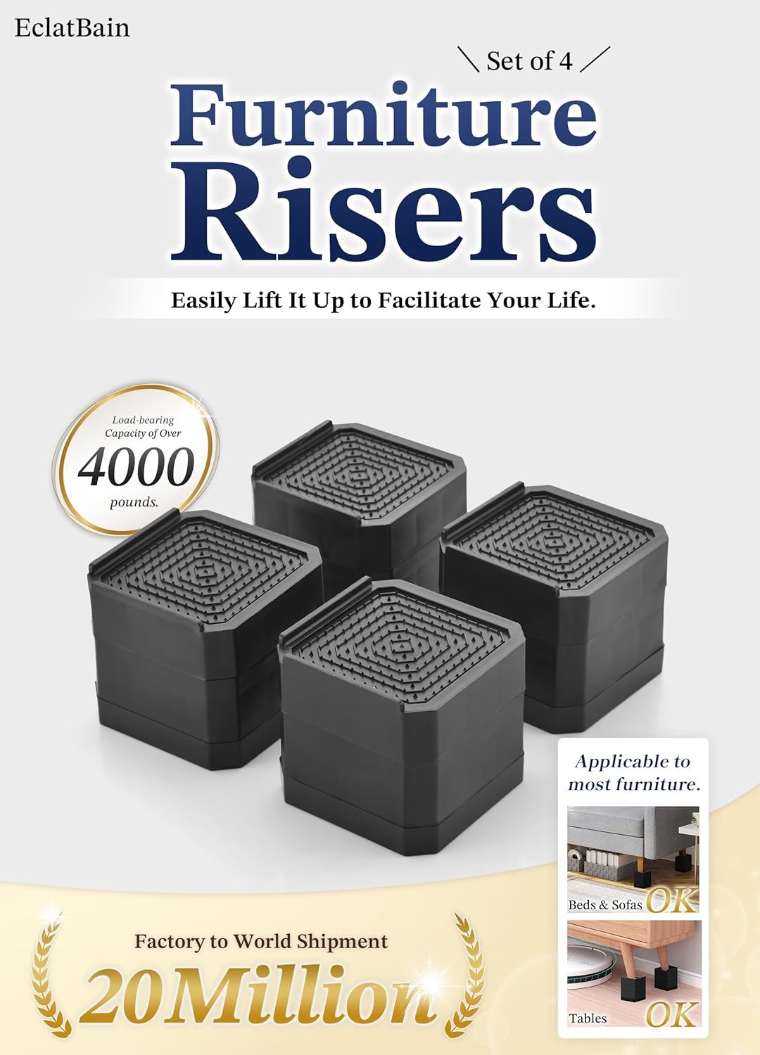 Bed Risers Furniture Risers Heavy-Duty Rectangular Adjustable Block Lift