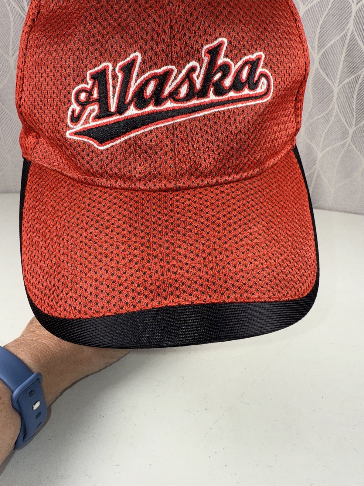 ALASKA in Script on Red w Black Accented Hat Cap Vented Fabric Hook Loop