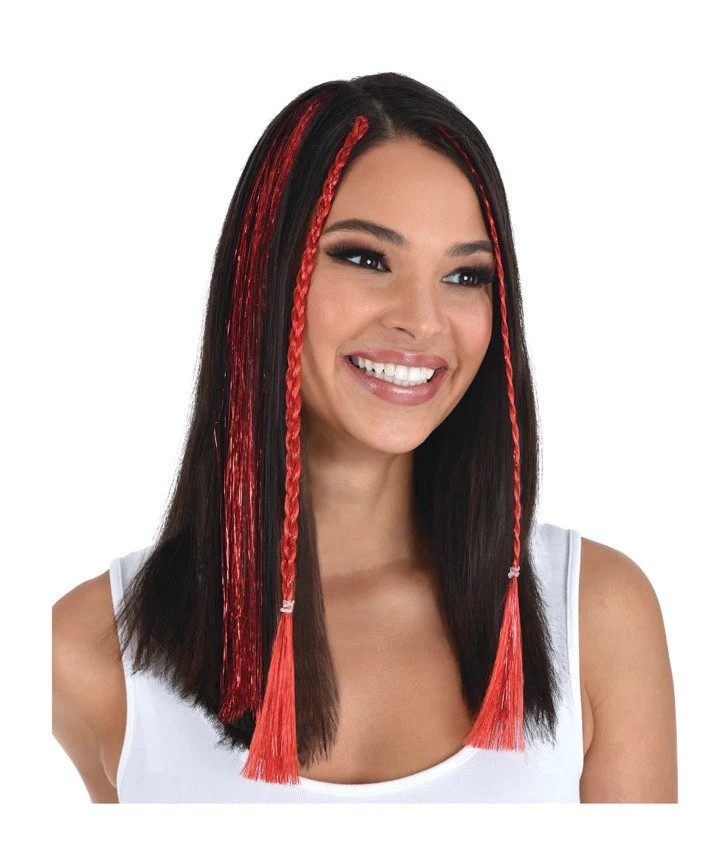 Red Tinsel Hair Extensions Fancy Dress Up Halloween Adult Costume Accessory