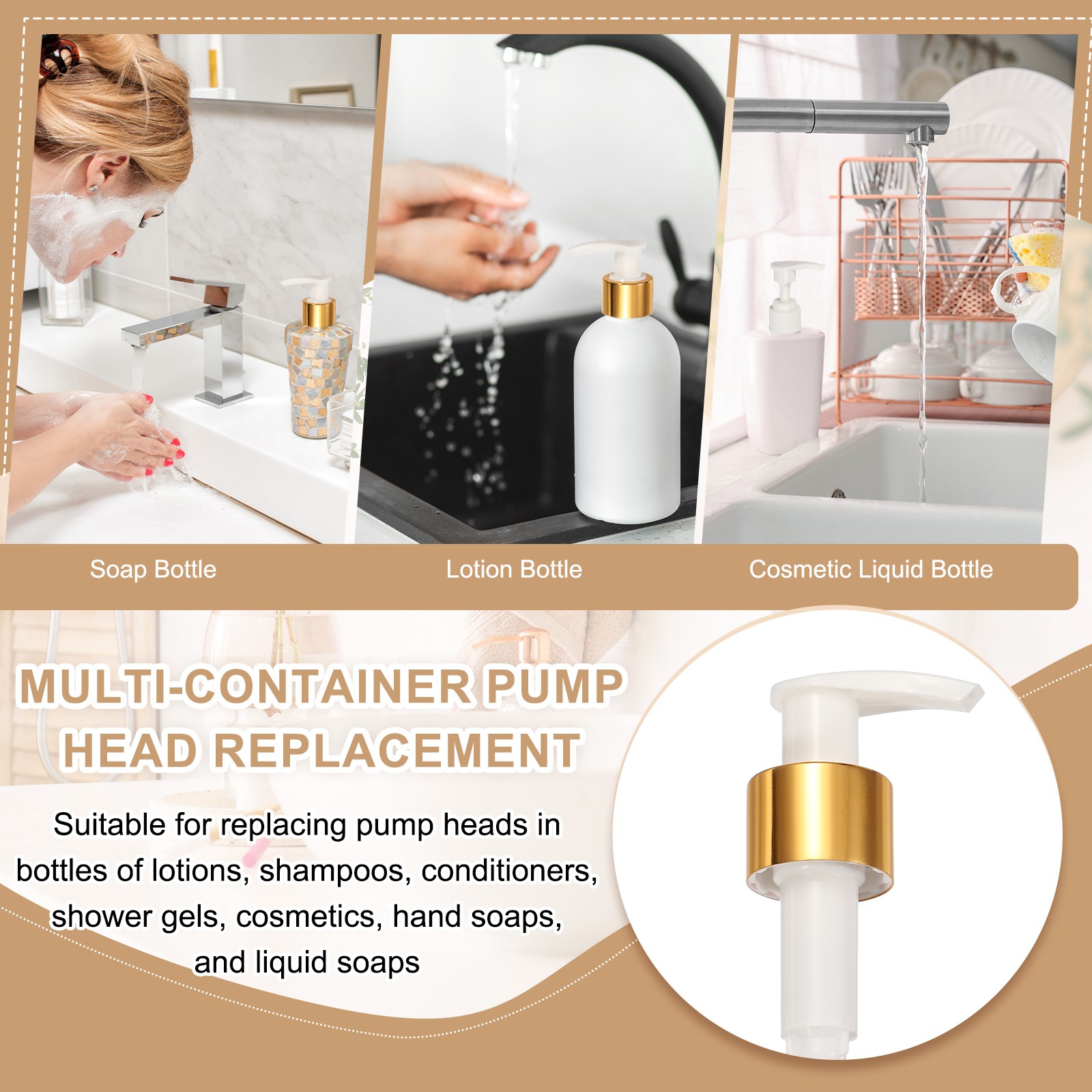 8Pcs Dispensers Top Replacement, Bottle Pump Head for 24/410, Gold White