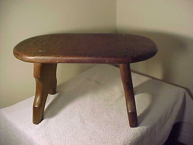 Early Primitive SPLAY LEG Wooden Mortised Stool Original Old Blue- Green Paint