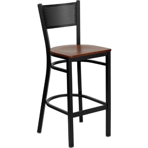 Black Grid Back Metal Restaurant Barstool with Cherry Wood Seat