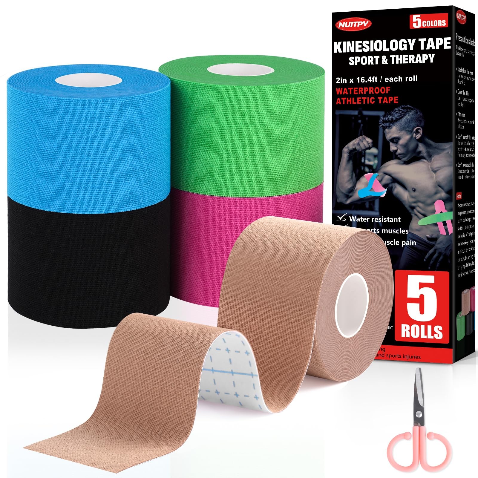 5 Rolls Kinesiology Tape, 5 Colors 2 inch x 16.4 Feet Waterproof Athletic Tap...