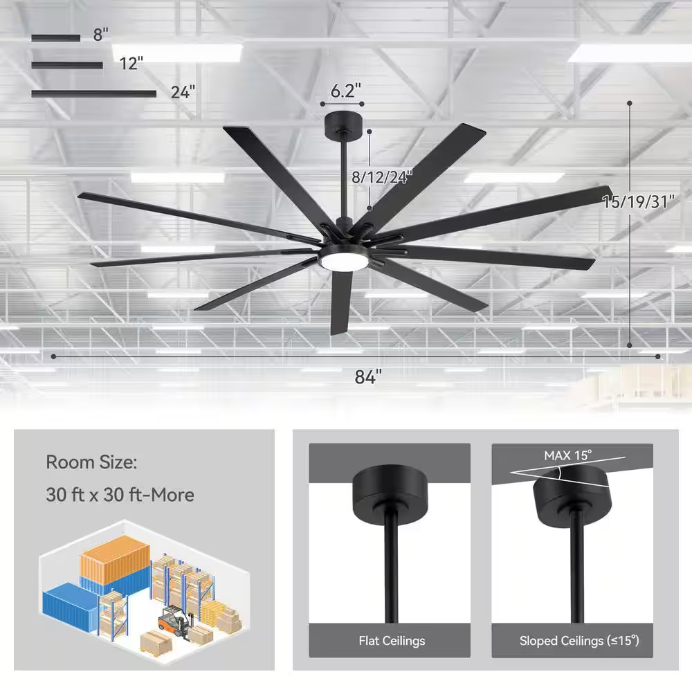 Parvez 84 In. Windmill Black Ceiling Fan with LED Light, Downrod, Black/Brown Bl