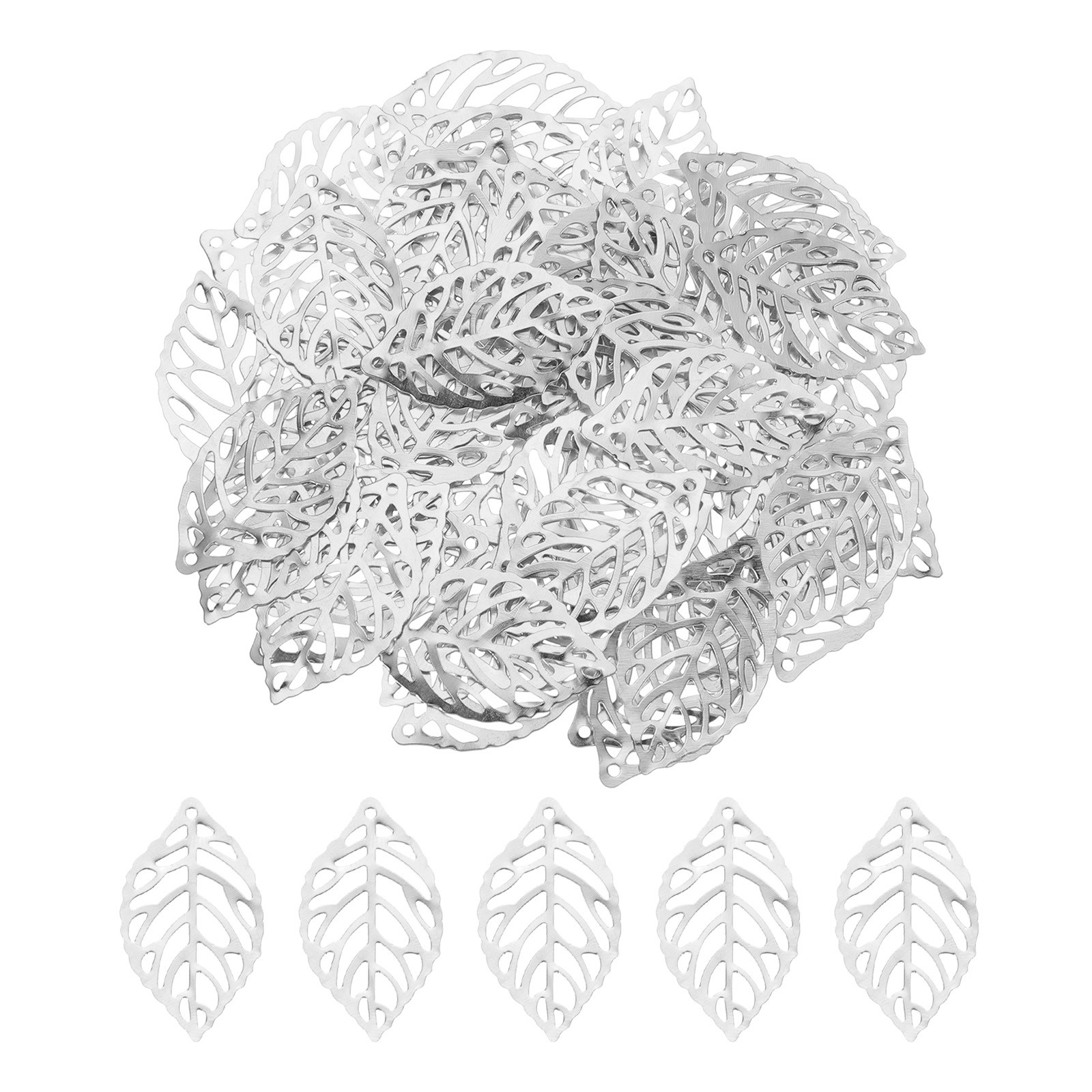 100Pcs Silver Hollow Leaf Ornaments Pendant, Metal Leaf Crafts for DIY Necklace
