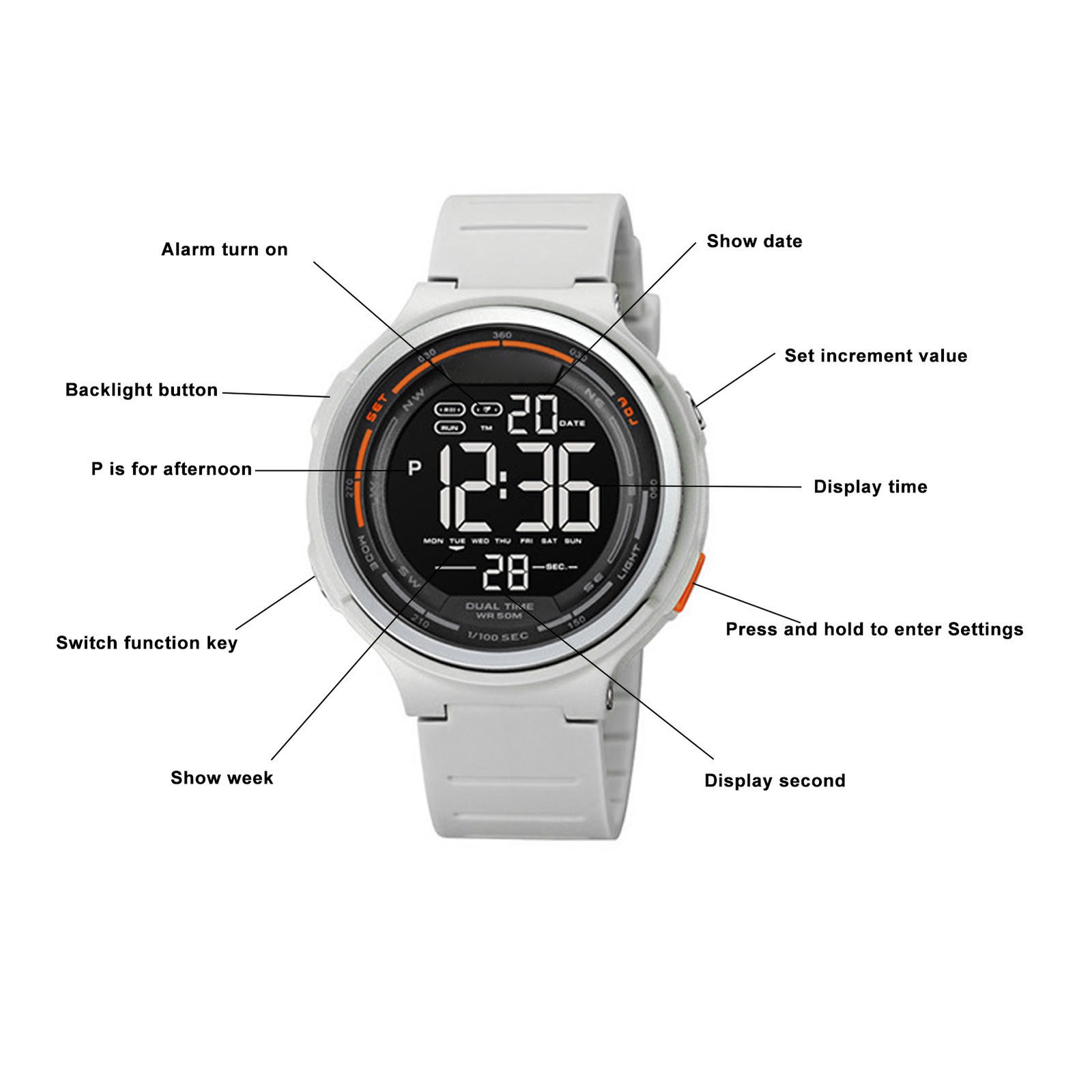 Digital Sports Watch Multifunctional Dual Time LED Luminous Countdown Timer FFW