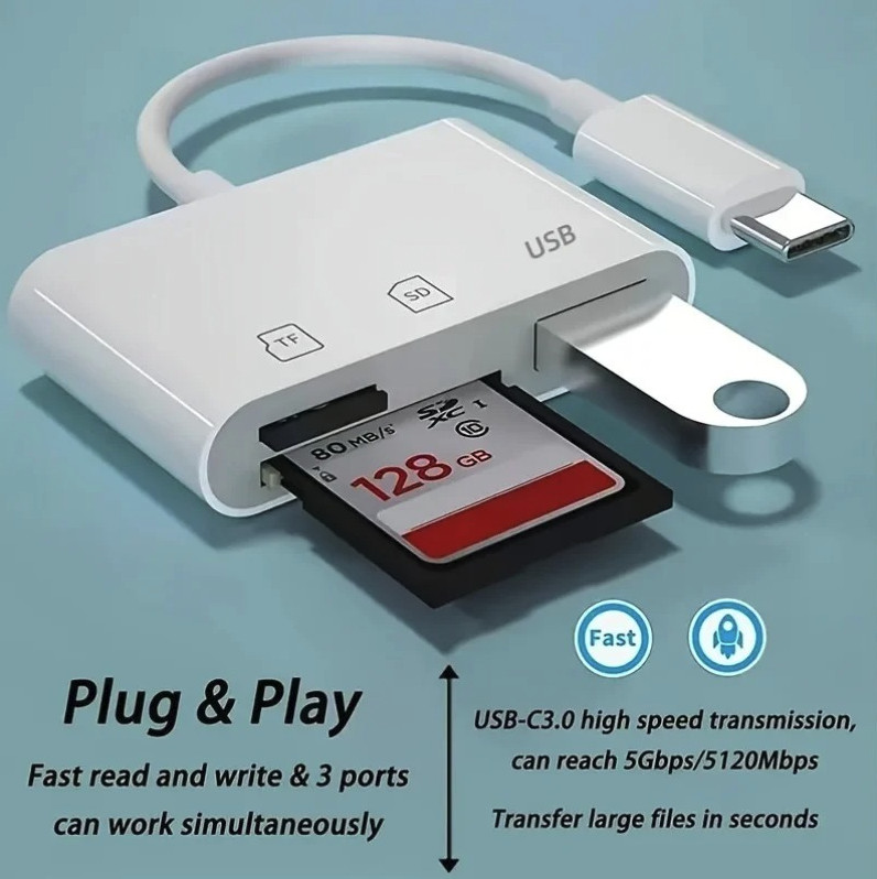 1pc 3-in-1 USB-C Memory Card Reader TF CF SD Adapter USB 2.0 - NEW
