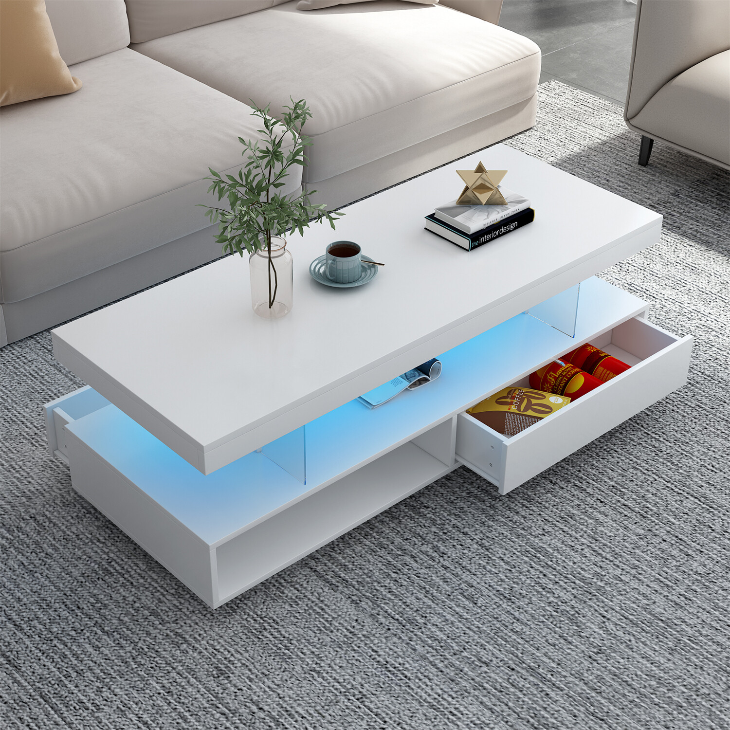 High Gloss LED Coffee Table Modern Side End Table w/ LED Lights & 2 Drawers US