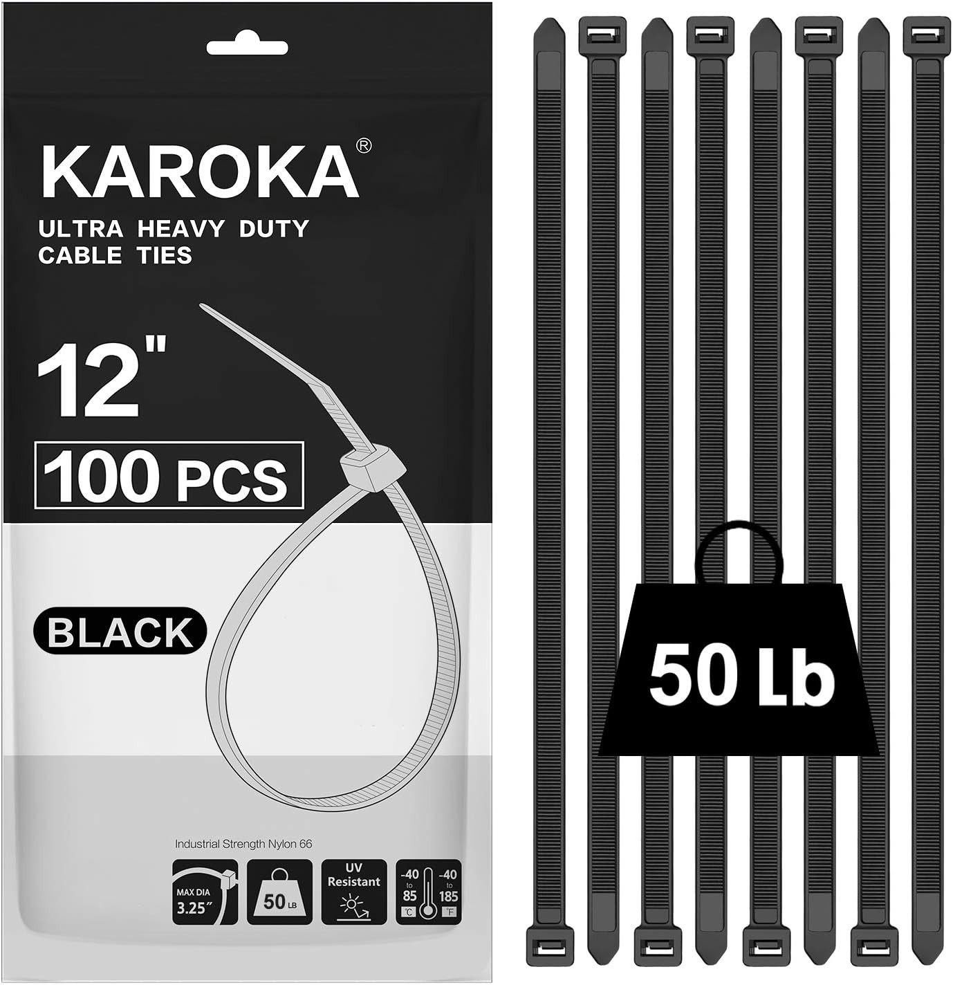 Durable 12" Black Zip Ties, 100 Pack - UV Resistant, Ideal for Indoor/Outdoor