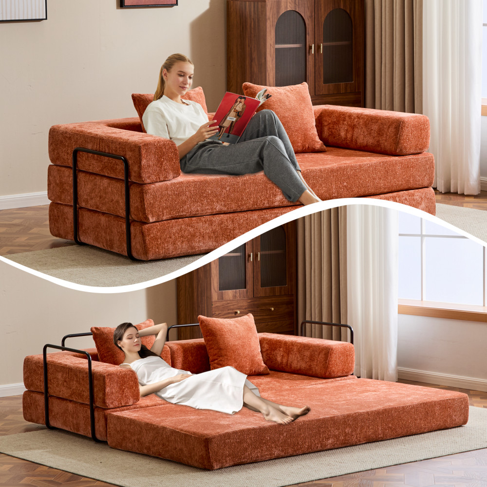 Convertible 3-Seat Futon Sofa Bed with Pillow Back, Orange