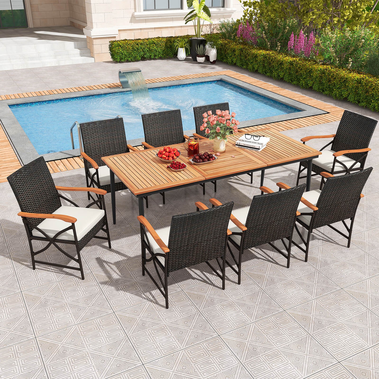9 PCS Patio Dining Set with 1.9" Umbrella Hole X-frame Armrests Seat Cushions