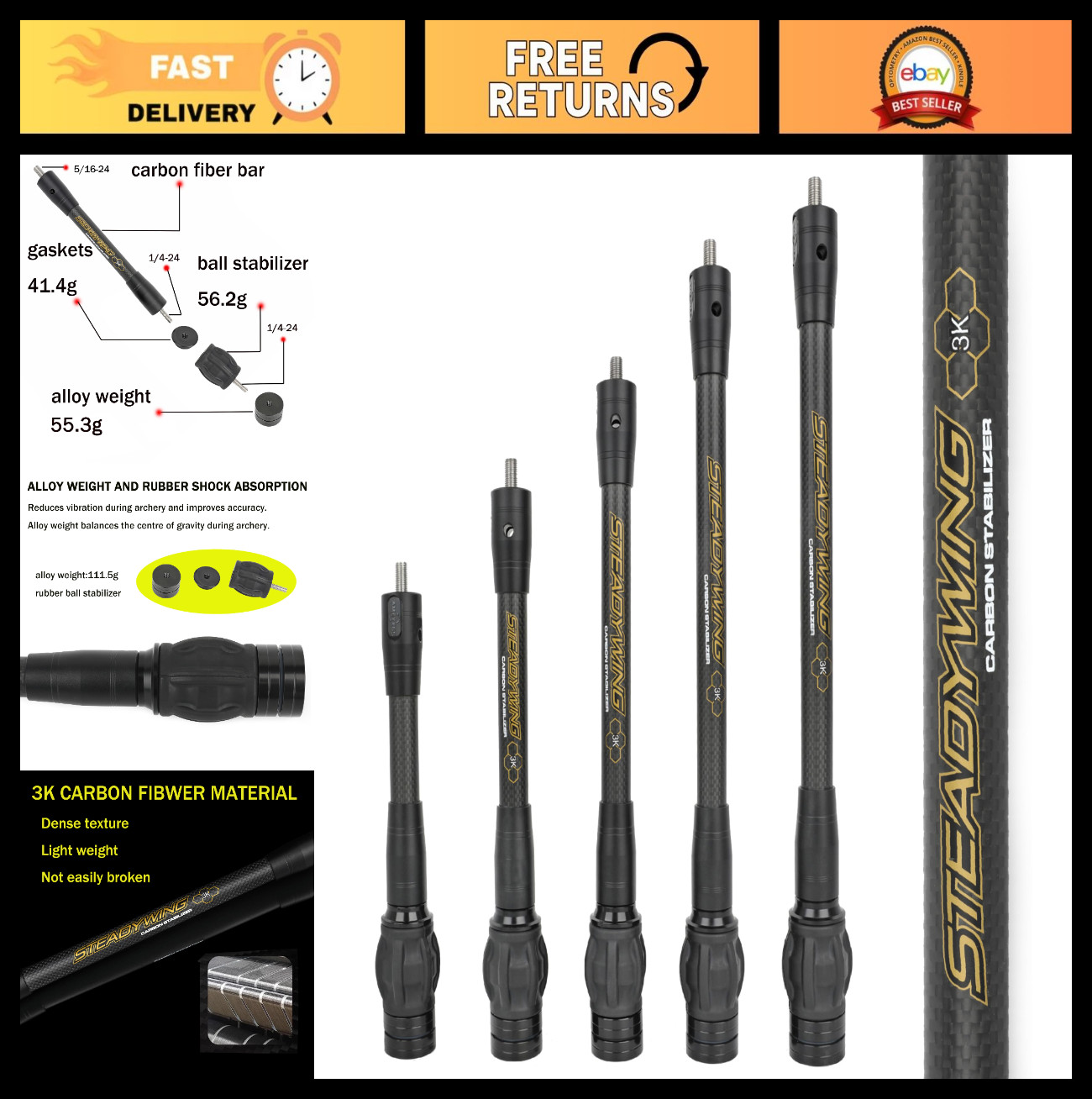 Adjustable Archery Bow Stabilizer 6"-15" Carbon Fiber Balance Bar, Damping & Sho
