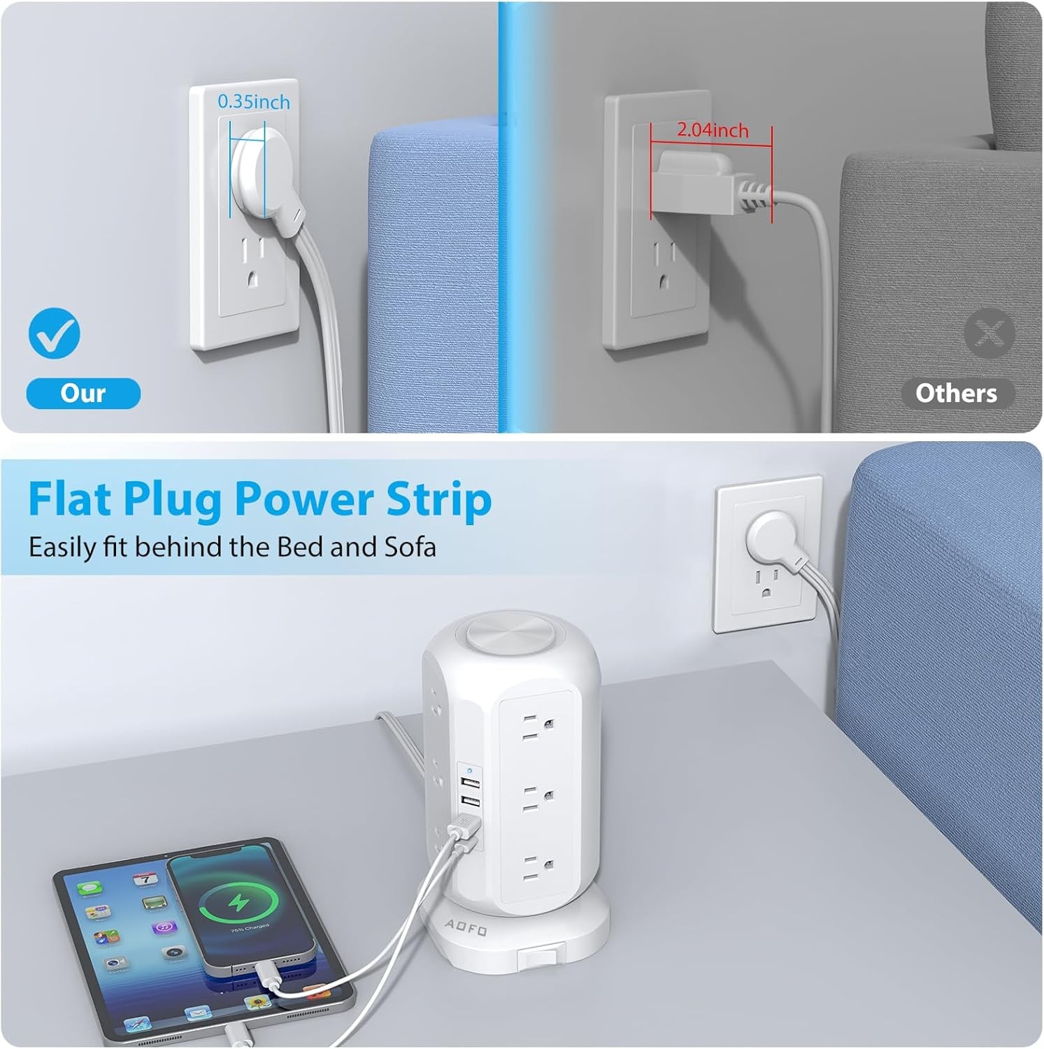 Tower Power Strip Flat Plug 12 Outlets 4 USB USB-C 10FT Surge Protector