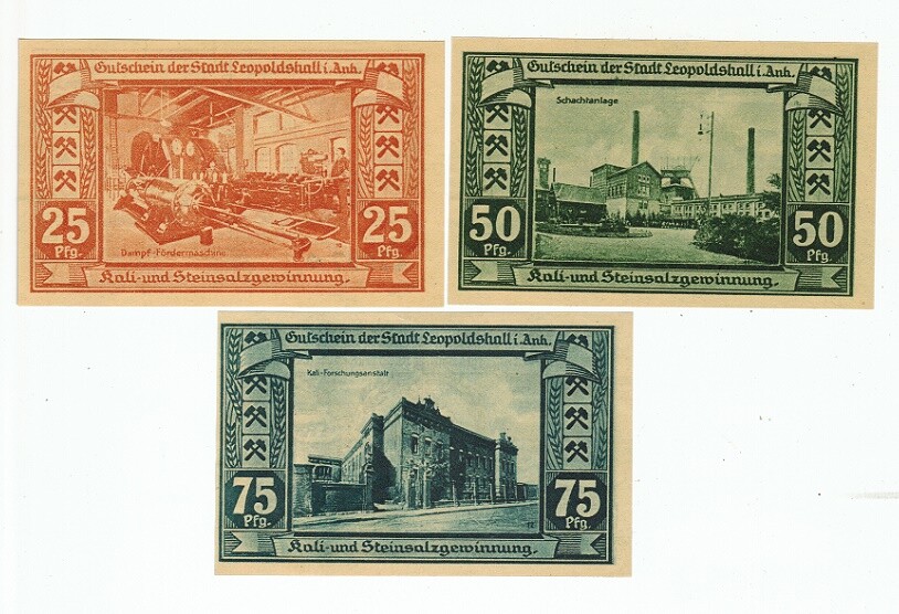 SET OF 3 GERMANY NOTGELD 25.50.75 PFENNIG LEOPOLDSHALL 1921 UNC