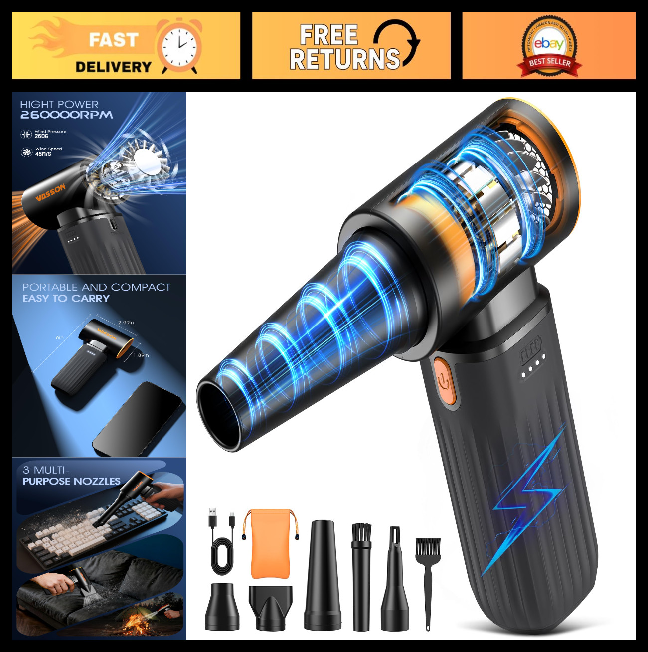 High-Speed Compressed Air Duster, 3-Speed Adjustable, 5 Nozzles, Type-C Fast Cha