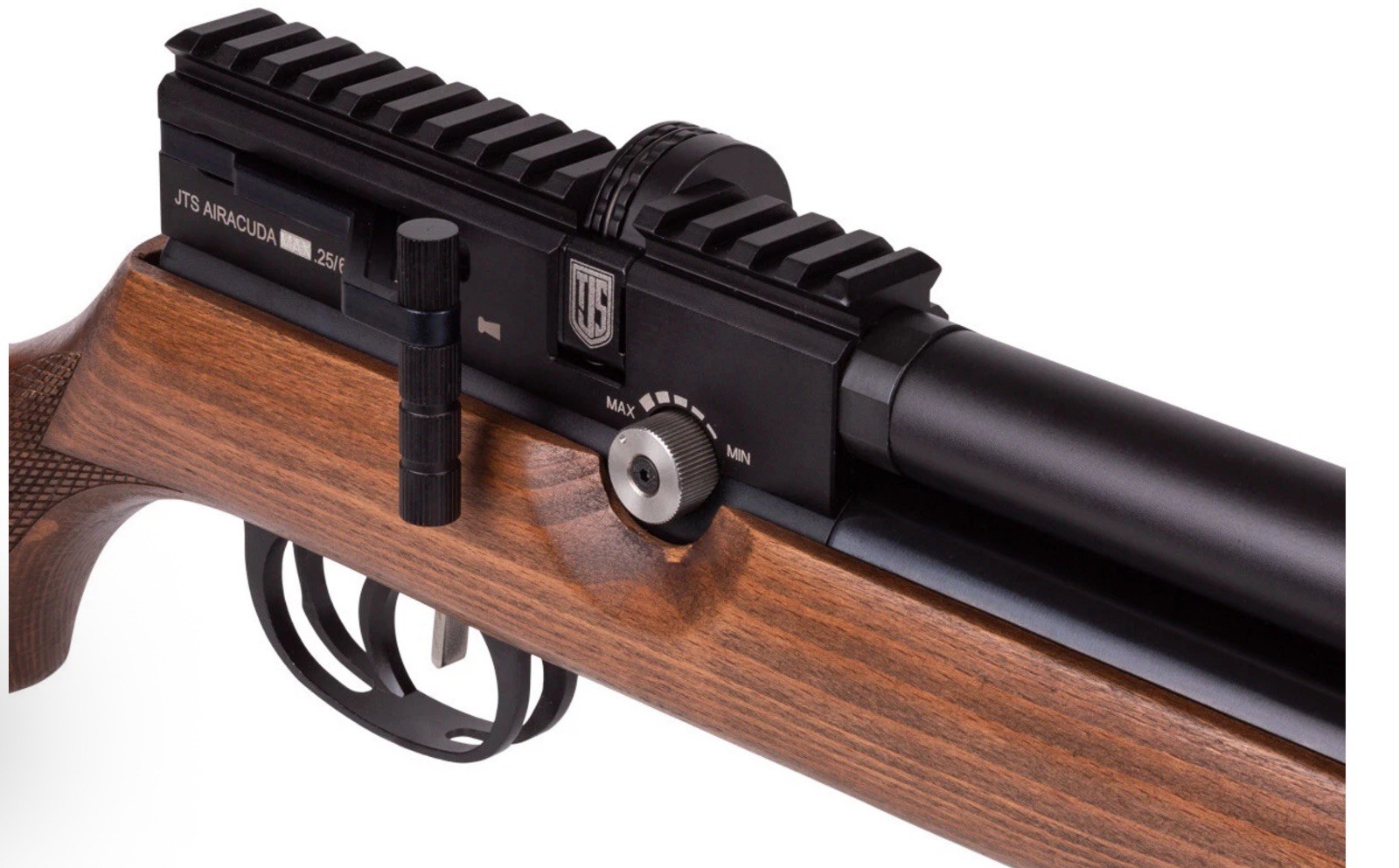 JTS Airacuda PCP Air Rifle: 0.25 Caliber Sidelever Repeater, Hardwood Stock