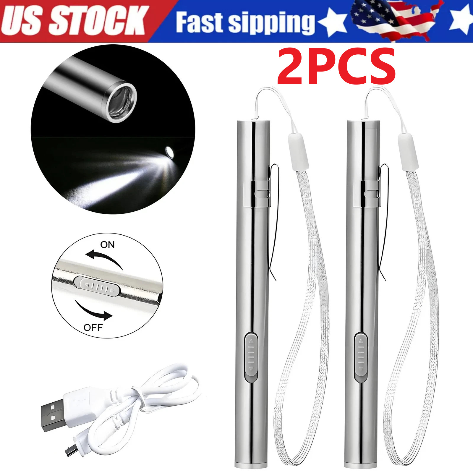 2Pack LED USB RECHARGEABLE MINI FLASHLIGHT Stainless Steel Pen Light 1000 Lumens