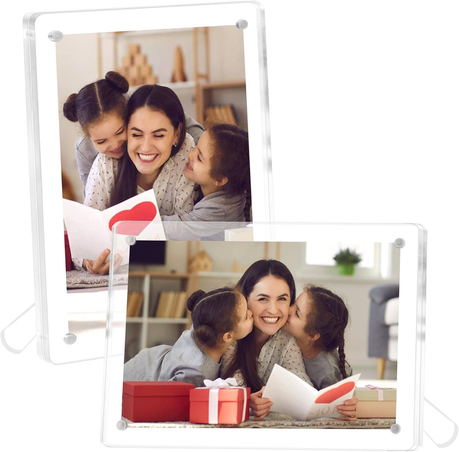FIXSMITH 2 Pack 4x6 Acrylic Picture Frames, Clear Magnetic Frames with Stand, UV