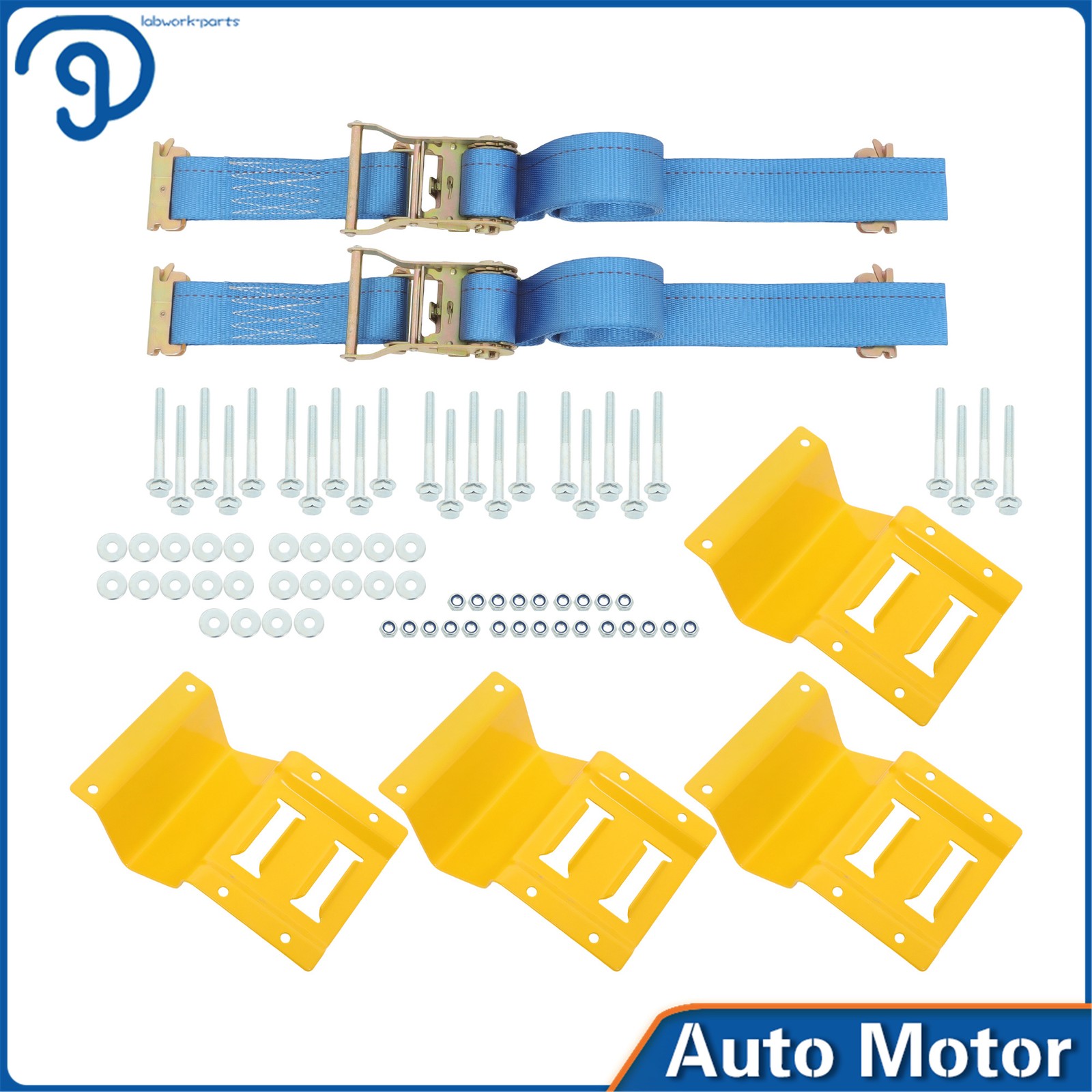 1 Set Yellow E Track Wheel Chock + 7.5 Foot Blue Ratchet Tie Down Straps For UTV